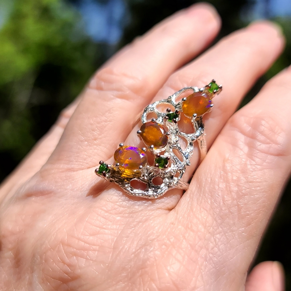 FIRE 🔥 Opals & Chrome Diopside sterling ring sz 7 - Picture 4 of 8